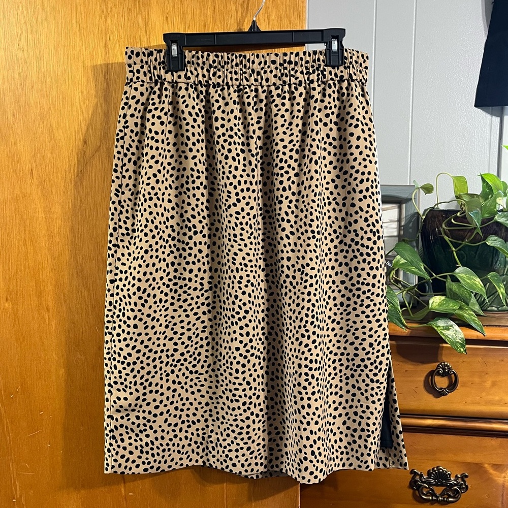 J. Crew Beige Midi Skirt with Black Spot Print